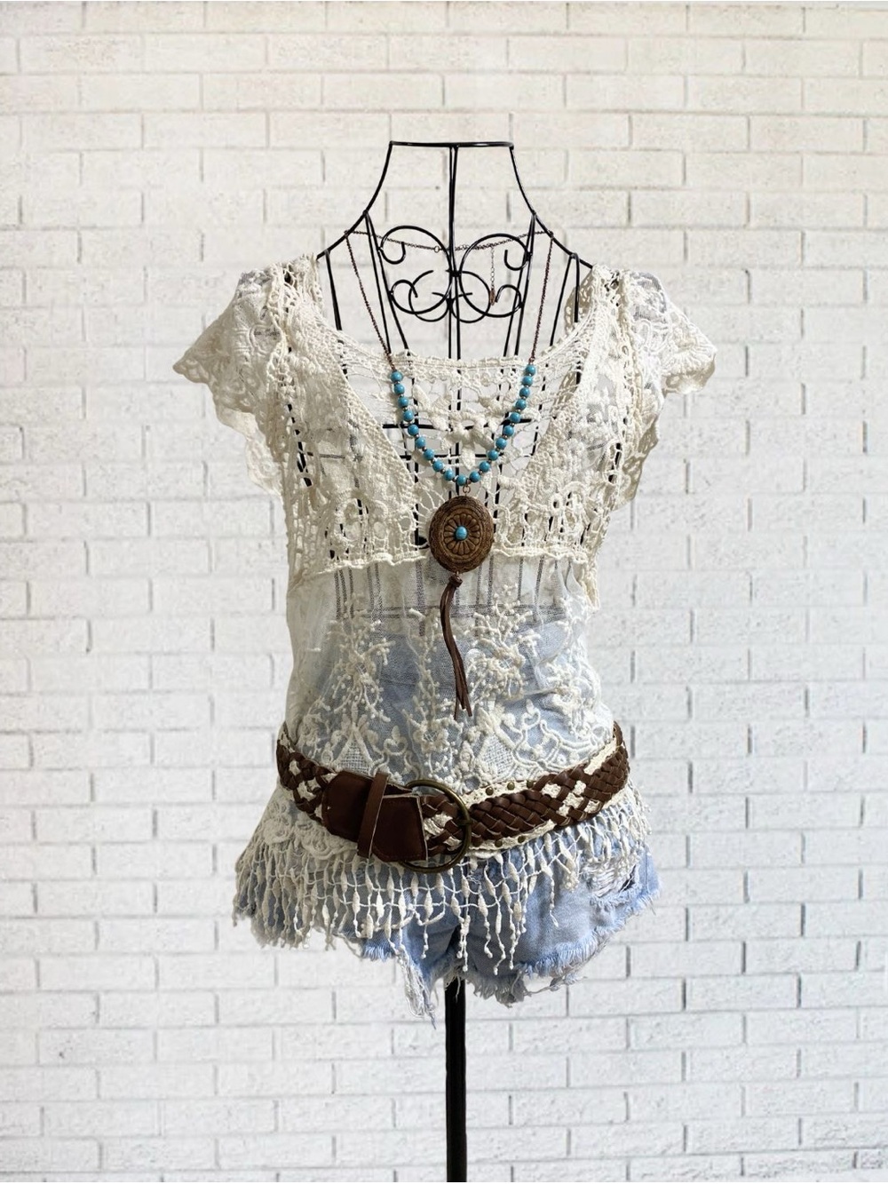 Lace Fringe Crochet White Short Sleeve Women Large Boho Bohemian Hippie Sheer